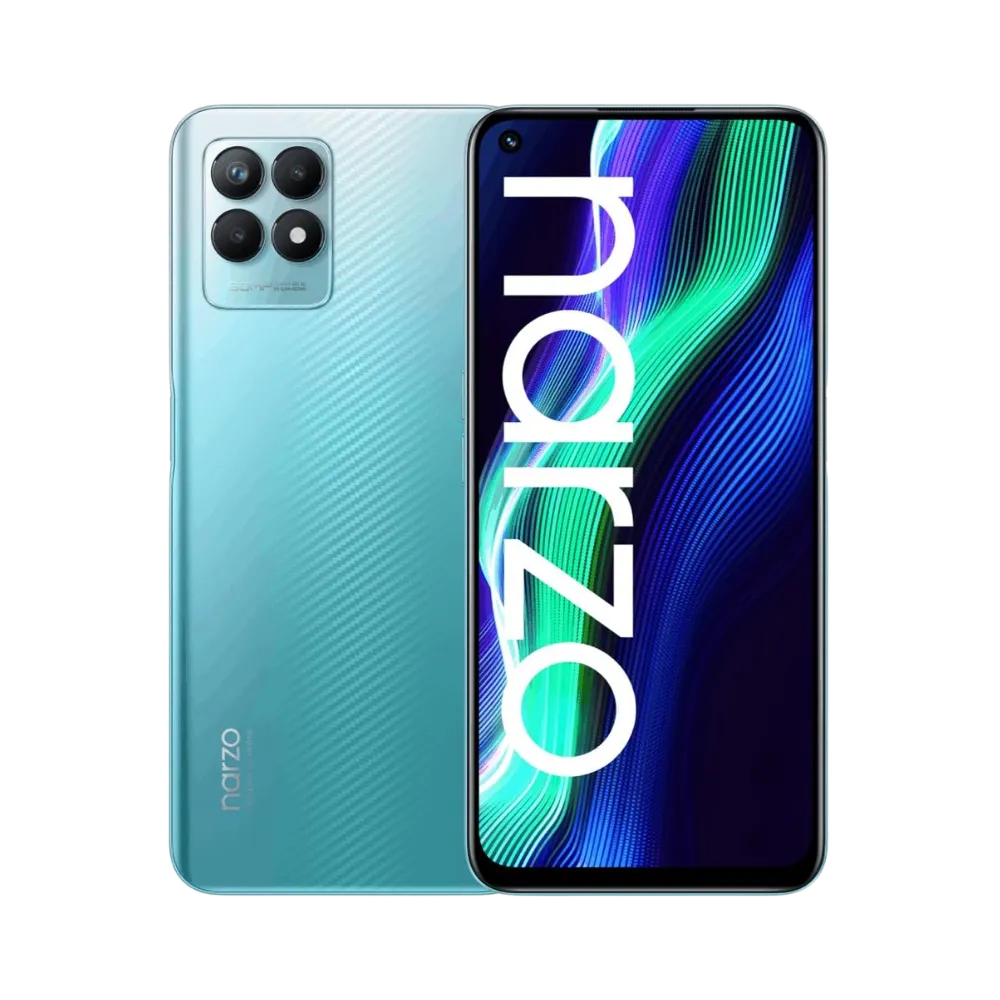 Réparation Realme Narzo 50 4G iTelier Lyon – smartphone affiché avec écran avant allumé et dos vert dégradé, optimisé pour réparation écran, batterie et diagnostic gratuit en boutique.