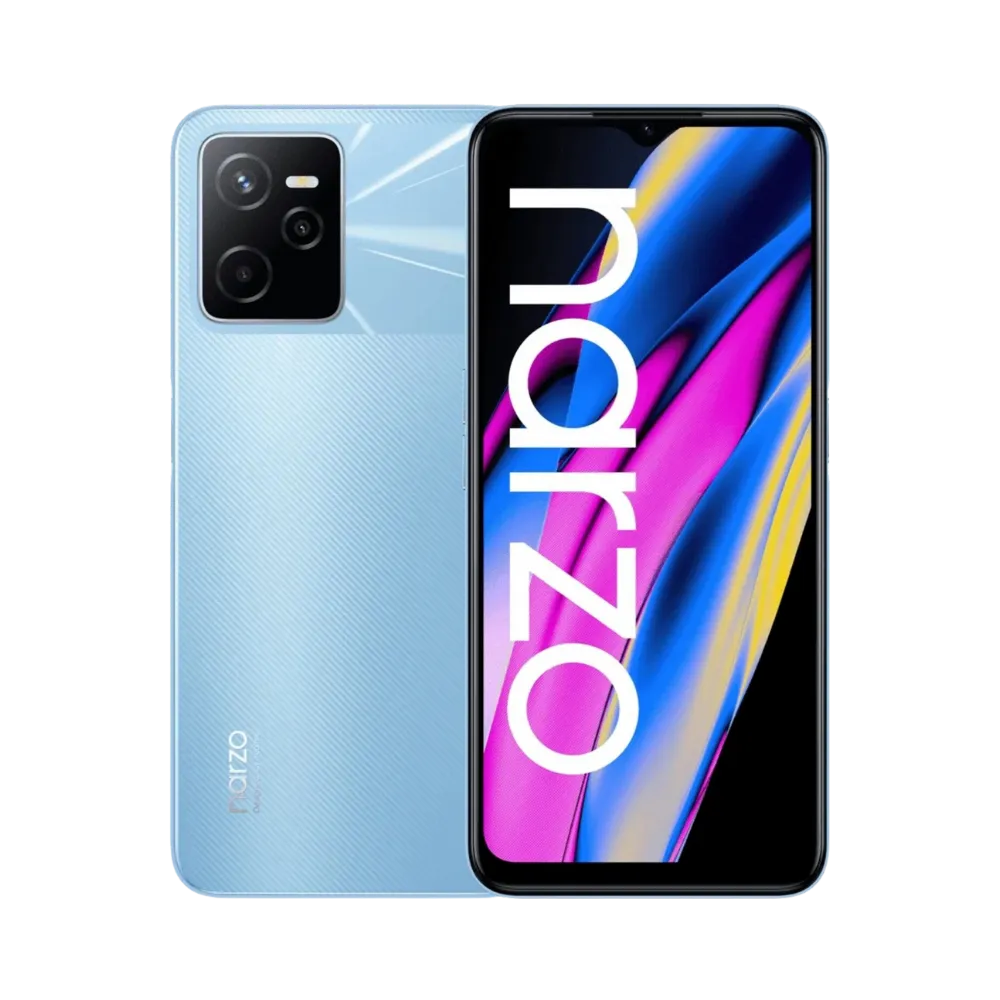 Réparation Realme Narzo 50A Prime iTelier Lyon – smartphone avec écran avant allumé en position verticale et dos bleu clair texturé, optimisé pour remplacement écran, batterie et diagnostic rapide en boutique.