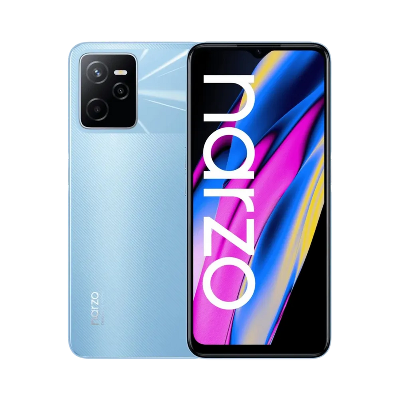 Réparation Realme Narzo 50A Prime iTelier Lyon – smartphone avec écran avant allumé en position verticale et dos bleu clair texturé, optimisé pour remplacement écran, batterie et diagnostic rapide en boutique.