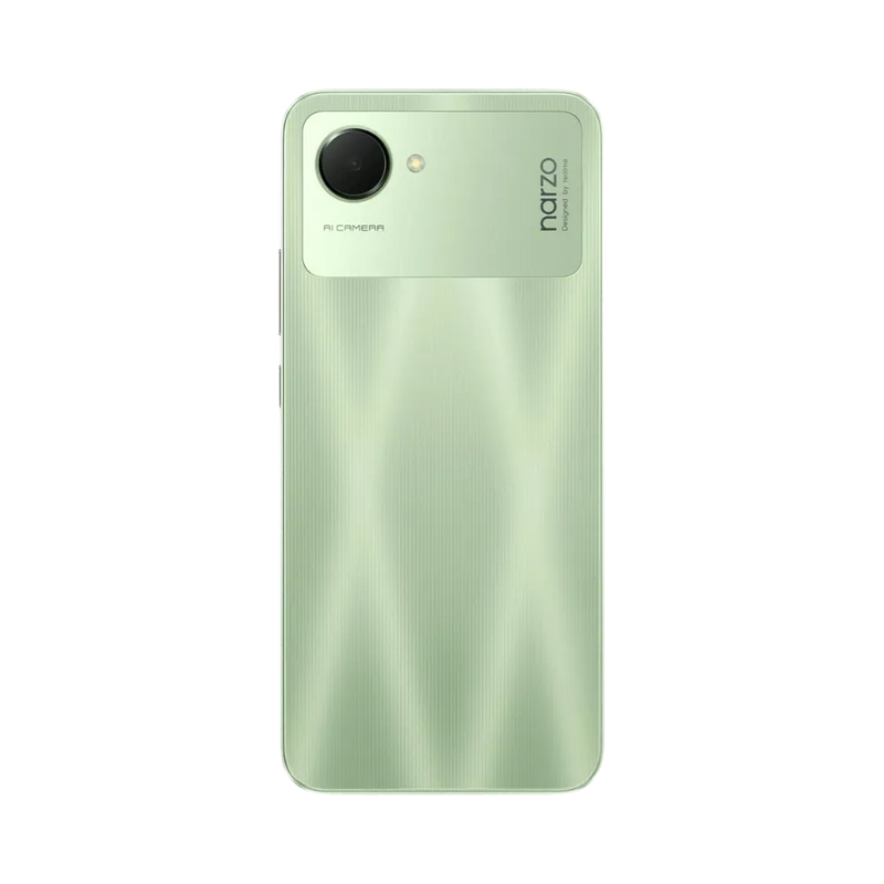 Réparation Realme Narzo 50i Prime iTelier Lyon – smartphone montré de dos en position verticale, coloris vert clair avec motifs lumineux et appareil photo en haut à gauche, idéal pour remplacement batterie et vitre arrière.