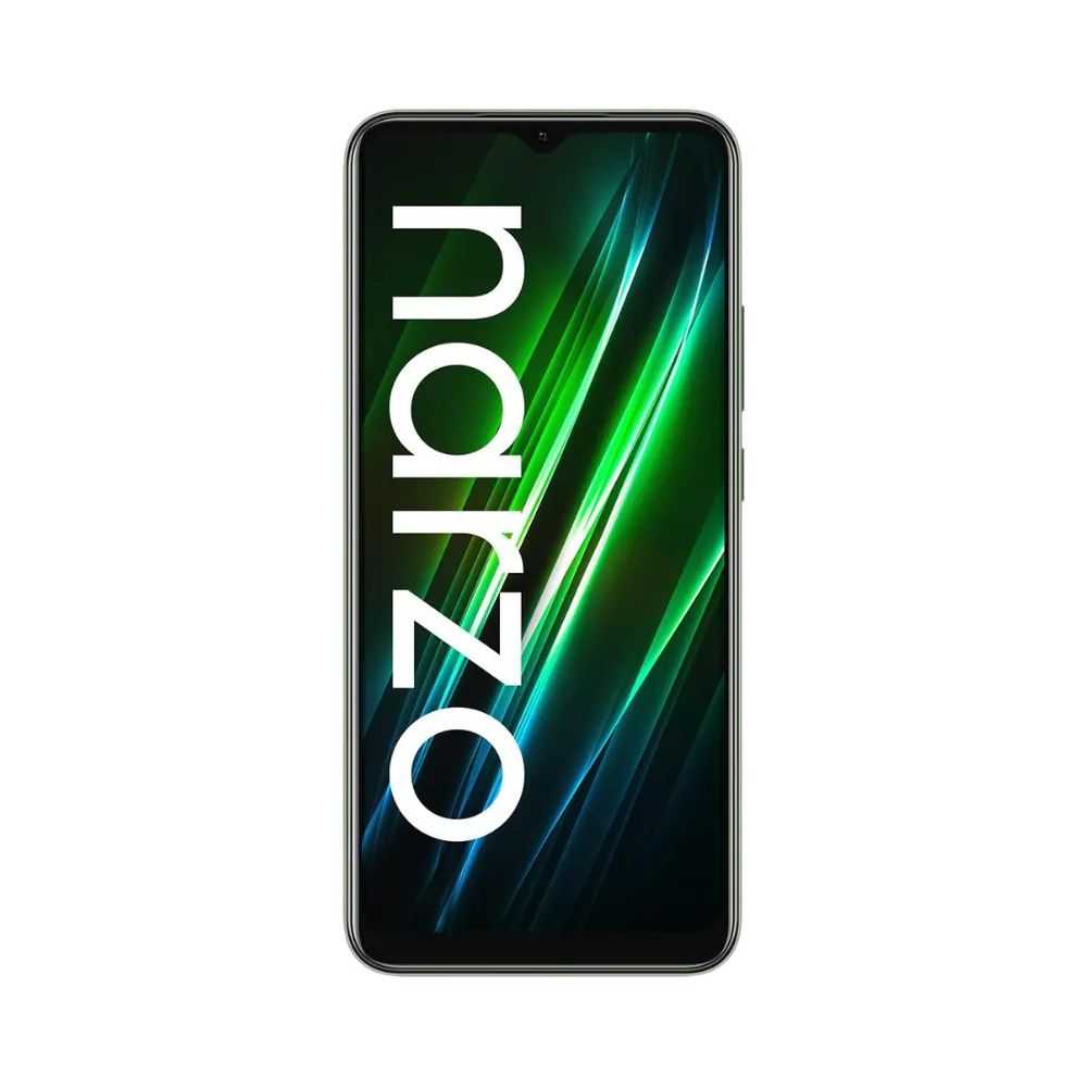 Réparation Realme Narzo 50i Prime iTelier Lyon – téléphone affiché de face en position verticale, écran allumé avec fond vert et bleu, adapté pour changement écran, batterie et diagnostic offert.