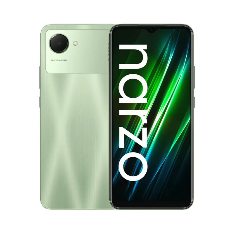 Réparation Realme Narzo 50i Prime iTelier Lyon – smartphone présenté avec écran avant allumé en position verticale et dos gris argenté visible à gauche, optimisé pour diagnostic, remplacement écran ou batterie.