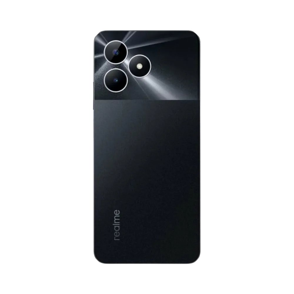 Réparation Realme Note 50 iTelier Lyon – smartphone montré de dos en position verticale, coloris noir brillant avec double capteur photo circulaire, optimisé pour réparation vitre arrière, caméra et batterie.