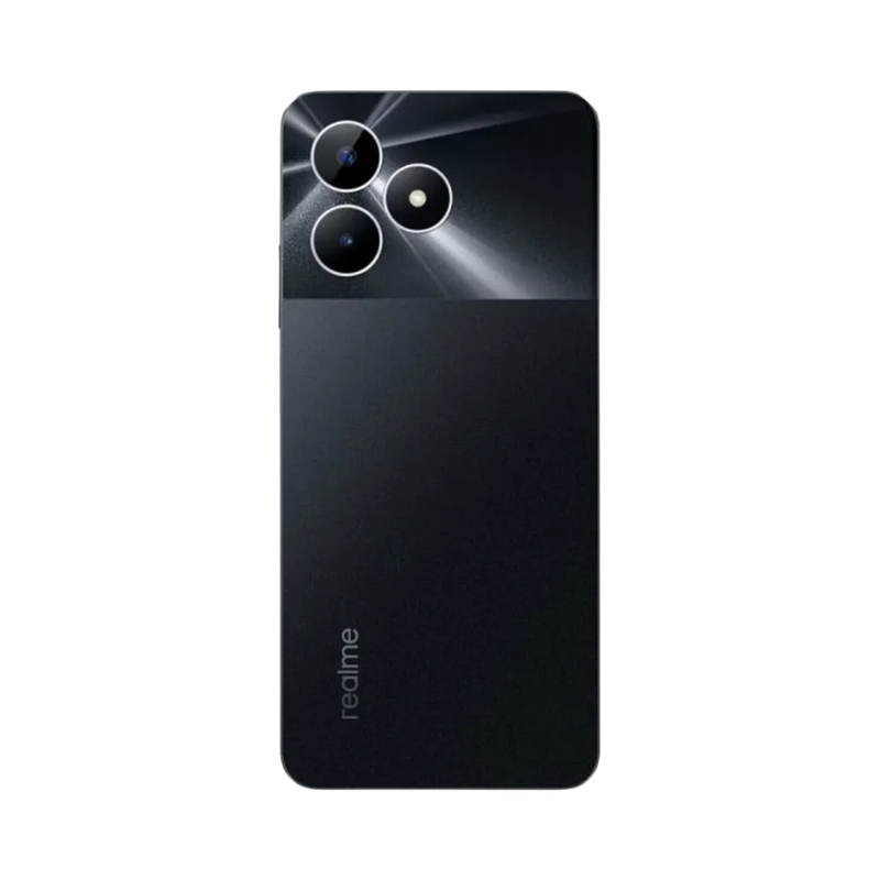 Réparation Realme Note 50 iTelier Lyon – smartphone montré de dos en position verticale, coloris noir brillant avec double capteur photo circulaire, optimisé pour réparation vitre arrière, caméra et batterie.