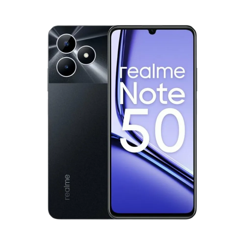 Réparation Realme Note 50 iTelier Lyon – smartphone affiché avec écran avant allumé en position verticale et dos noir brillant visible à gauche, optimisé pour remplacement écran, batterie et diagnostic gratuit.