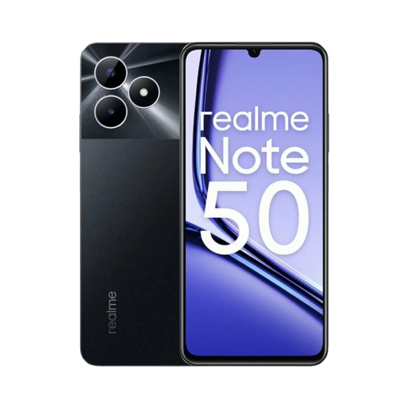 Réparation Realme Note 50 iTelier Lyon – smartphone affiché avec écran avant allumé en position verticale et dos noir brillant visible à gauche, optimisé pour remplacement écran, batterie et diagnostic gratuit.