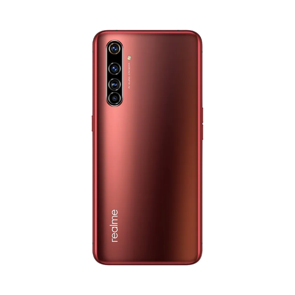 Réparation Realme X50 Pro iTelier Lyon – smartphone montré de dos en position verticale, coloris rouge métallisé avec module photo vertical à quatre capteurs, optimisé pour réparation vitre arrière, caméra et batterie.