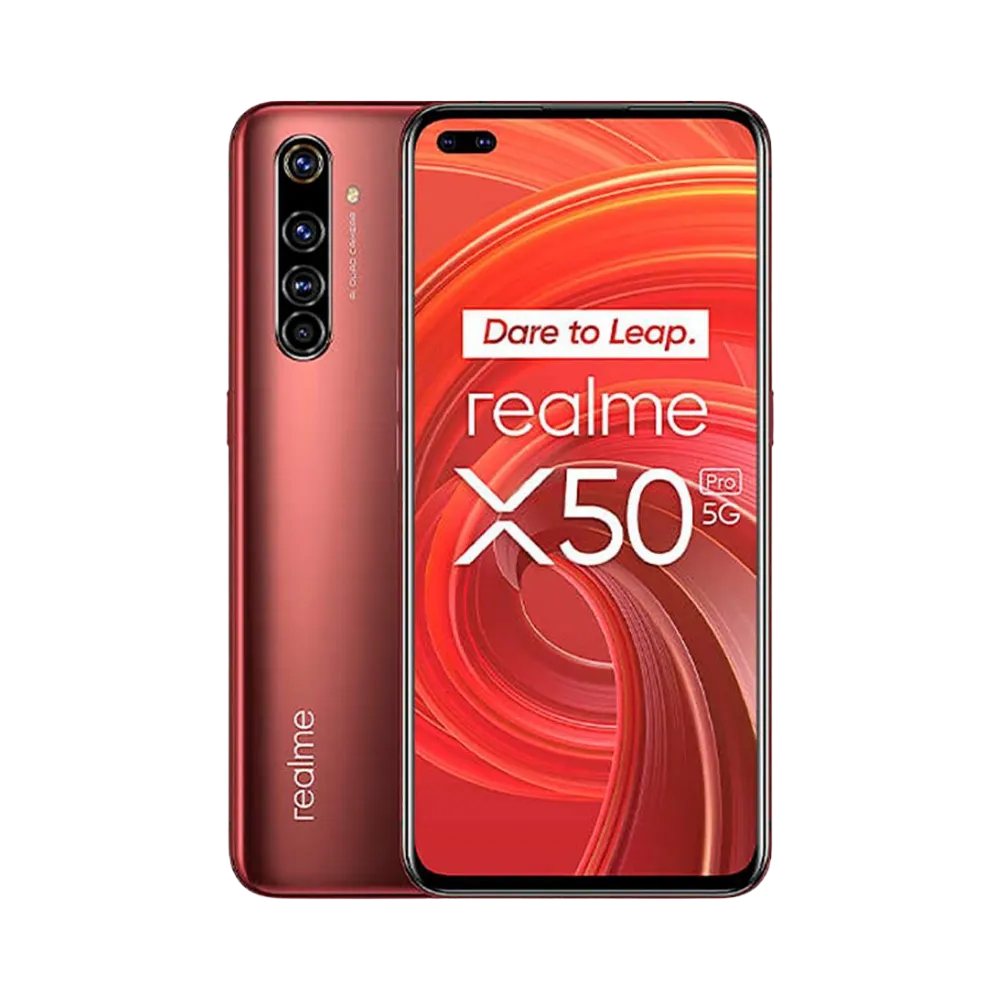 Réparation Realme X50 Pro iTelier Lyon – smartphone affiché avec écran avant allumé en position verticale et dos rouge métallisé visible à gauche, optimisé pour remplacement écran, batterie et diagnostic gratuit.
