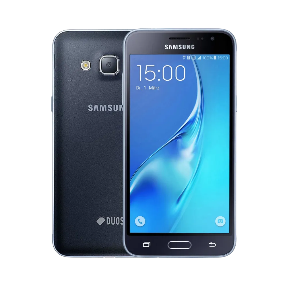 Samsung Galaxy J3 2016 noir, vue avant avec écran lumineux affichant l’heure et dos équipé d’un appareil photo central avec flash, smartphone présenté pour réparation chez iTelier Lyon : remplacement écran, batterie, vitre arrière, diagnostic gratuit et service rapide garanti.