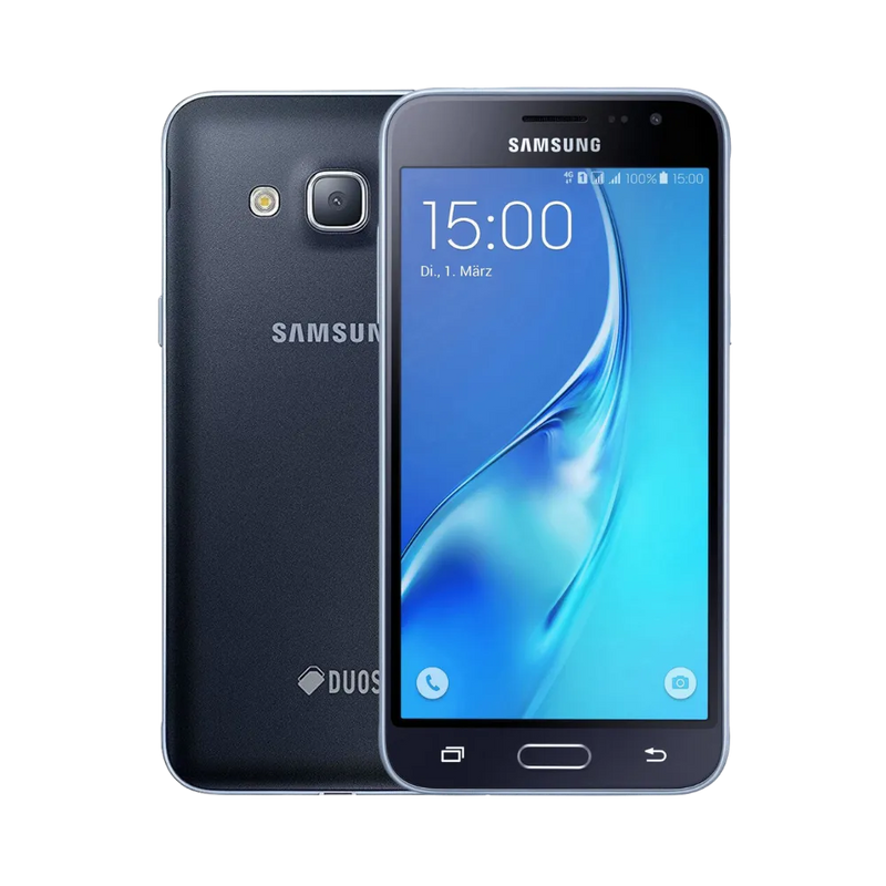 Samsung Galaxy J3 2016 noir, vue avant avec écran lumineux affichant l’heure et dos équipé d’un appareil photo central avec flash, smartphone présenté pour réparation chez iTelier Lyon : remplacement écran, batterie, vitre arrière, diagnostic gratuit et service rapide garanti.