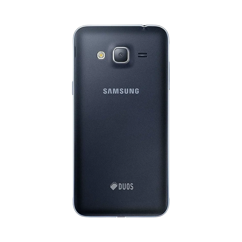 Dos du Samsung Galaxy J3 2016 noir, appareil photo central avec flash et haut-parleur intégré, smartphone présenté pour réparation chez iTelier Lyon : remplacement vitre arrière, batterie, diagnostic gratuit et service garanti 1 an.