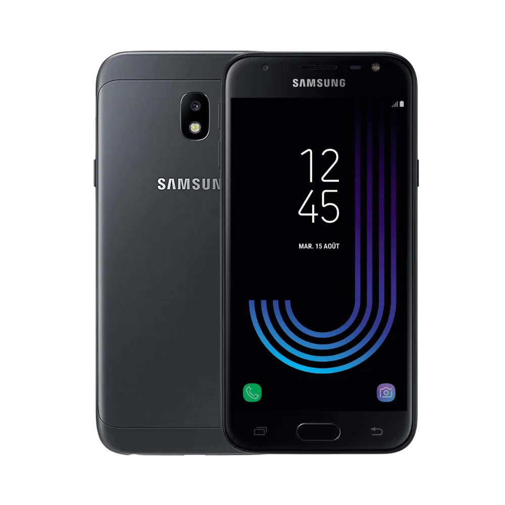 Samsung Galaxy J3 2017 noir, vue avant avec écran lumineux et dos mat équipé d’un appareil photo central avec flash, smartphone présenté pour réparation chez iTelier Lyon : remplacement écran, batterie, vitre arrière, diagnostic gratuit et service rapide garanti.