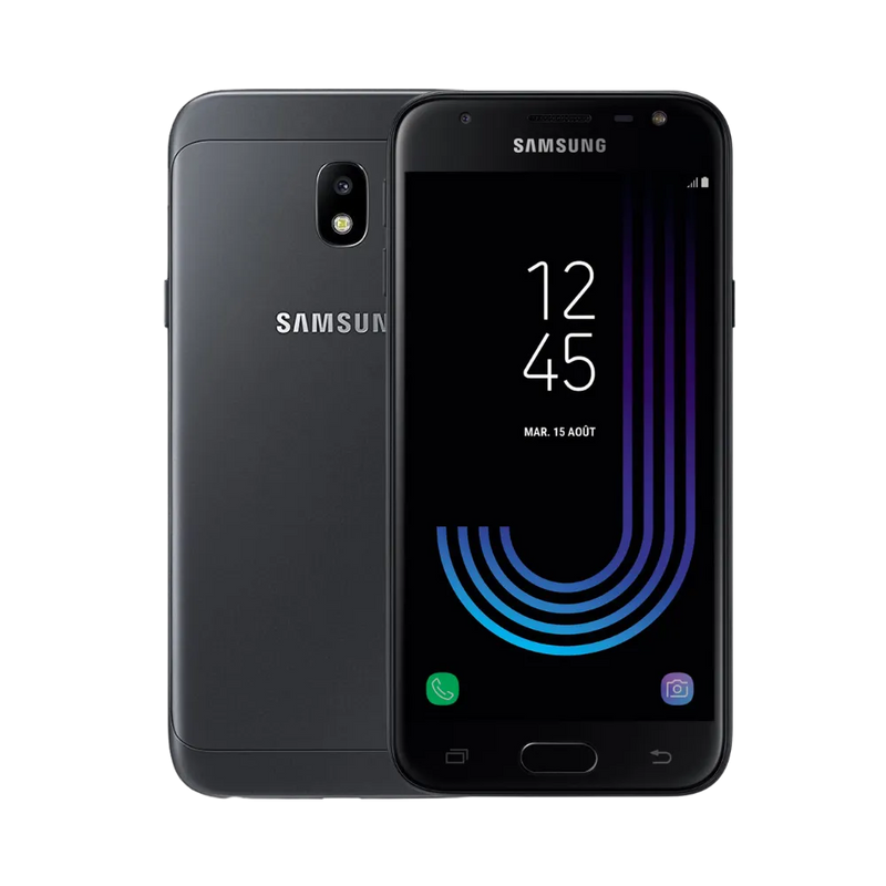 Samsung Galaxy J3 2017 noir, vue avant avec écran lumineux et dos mat équipé d’un appareil photo central avec flash, smartphone présenté pour réparation chez iTelier Lyon : remplacement écran, batterie, vitre arrière, diagnostic gratuit et service rapide garanti.