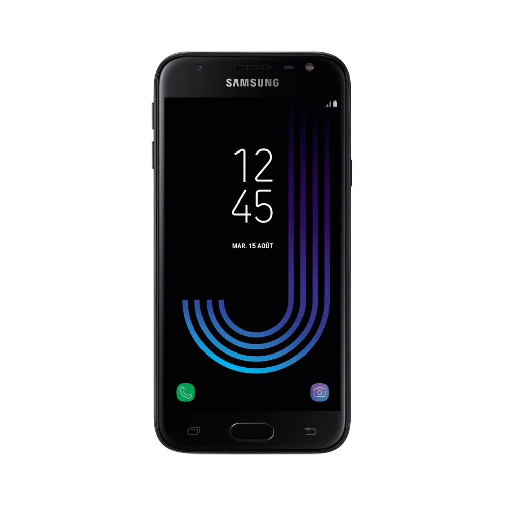 Face avant du Samsung Galaxy J3 2017 noir, écran lumineux affichant l’heure avec fond sombre et motif bleu, modèle destiné à la réparation chez iTelier Lyon : changement écran original, diagnostic offert, réparation express avec pièces certifiées.