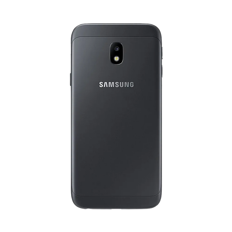 Dos du Samsung Galaxy J3 2017 noir mat, appareil photo central avec flash intégré, smartphone présenté pour réparation chez iTelier Lyon : remplacement vitre arrière, batterie, diagnostic gratuit et service garanti 1 an.