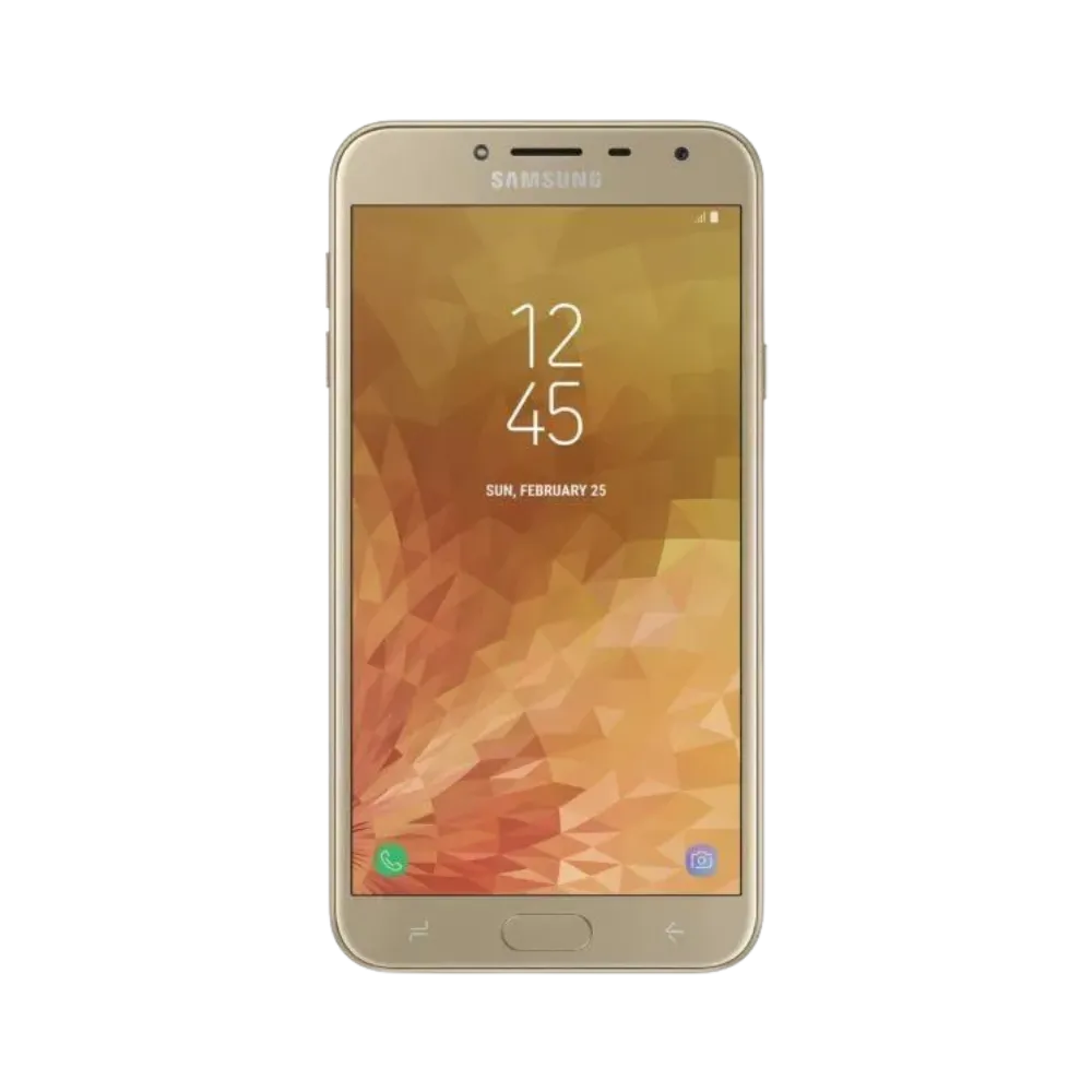 Face avant du Samsung Galaxy J4 or, écran lumineux affichant l’heure avec fond doré géométrique, modèle destiné à la réparation chez iTelier Lyon : changement écran original, diagnostic offert, réparation express avec pièces certifiées.