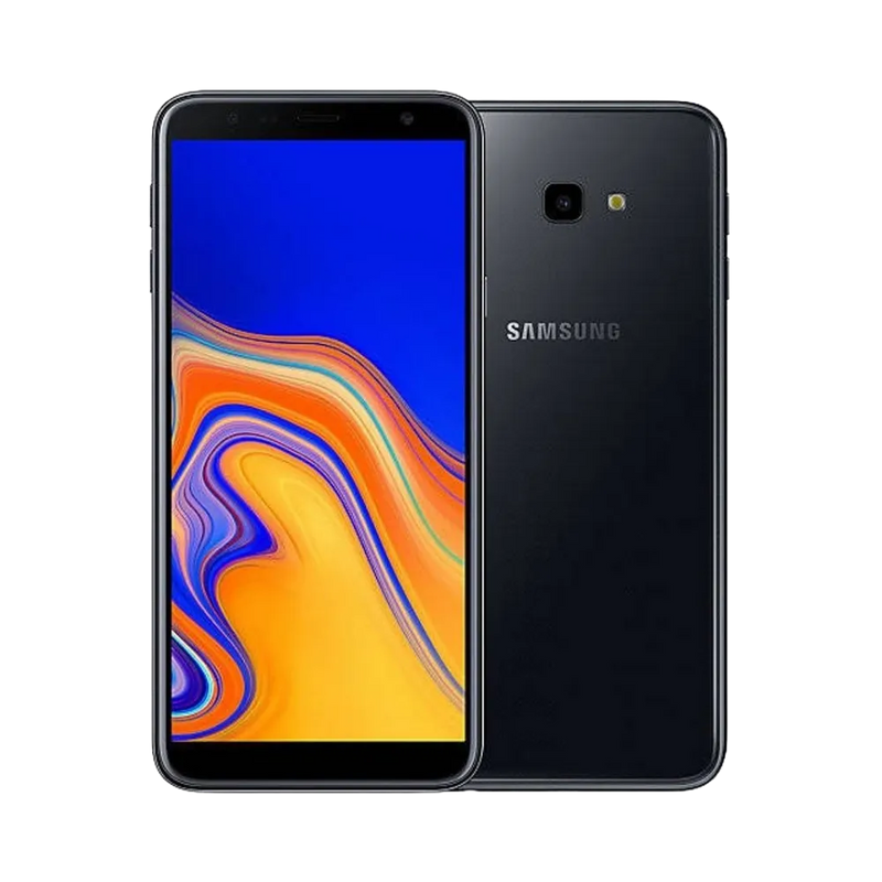 Samsung Galaxy J4 Plus noir, vue avant avec écran lumineux et dos brillant équipé d’un capteur photo central avec flash, smartphone présenté pour réparation chez iTelier Lyon : remplacement écran, batterie, vitre arrière, diagnostic gratuit et service rapide garanti.