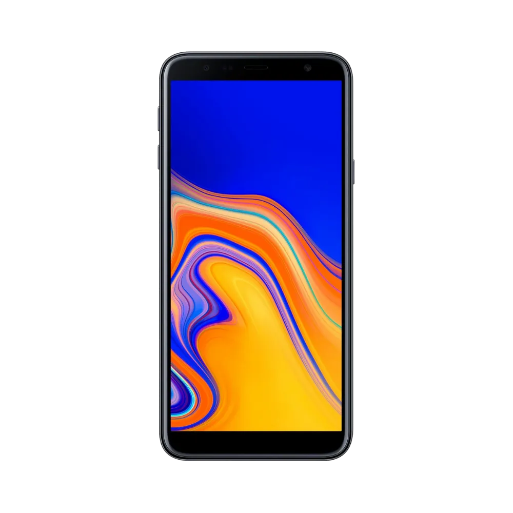 Face avant du Samsung Galaxy J4 Plus noir, écran lumineux avec fond bleu et orange, modèle destiné à la réparation chez iTelier Lyon : changement écran original, diagnostic offert, réparation express avec pièces certifiées.