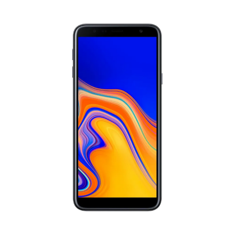 Face avant du Samsung Galaxy J4 Plus noir, écran lumineux avec fond bleu et orange, modèle destiné à la réparation chez iTelier Lyon : changement écran original, diagnostic offert, réparation express avec pièces certifiées.