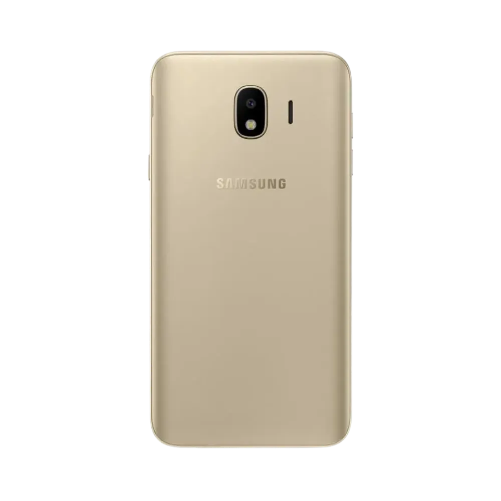 Dos du Samsung Galaxy J4 or métallique, appareil photo central avec flash intégré, smartphone présenté pour réparation chez iTelier Lyon : remplacement vitre arrière, batterie, diagnostic gratuit et service garanti 1 an.