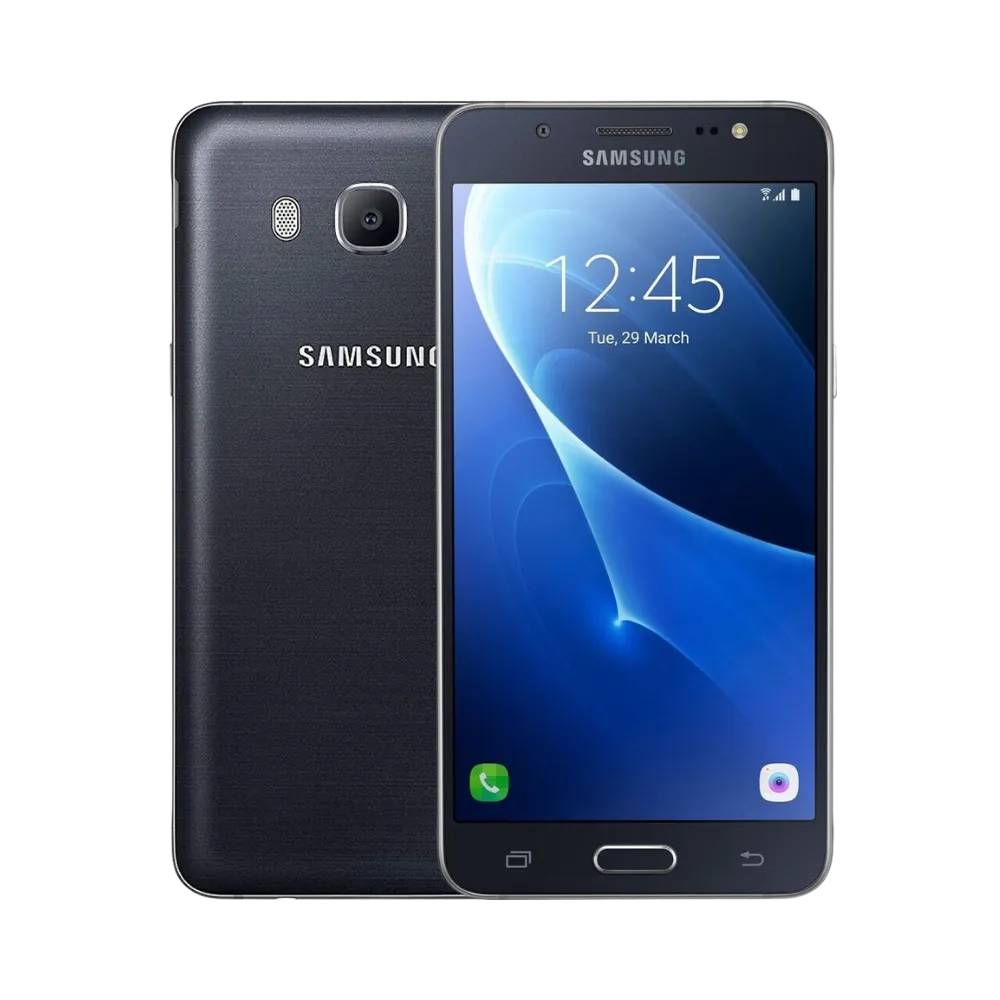 Samsung Galaxy J5 2016 noir, vue avant avec écran lumineux affichant l’heure et dos métallique équipé d’un capteur photo central avec flash, smartphone présenté pour réparation chez iTelier Lyon : remplacement écran, batterie, vitre arrière, diagnostic gratuit et service rapide garanti.