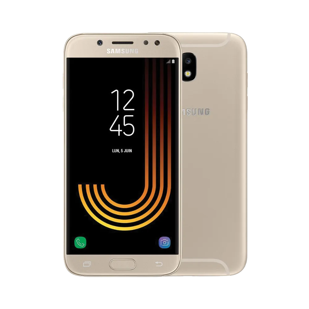Samsung Galaxy J5 2017 or, vue avant avec écran allumé affichant l’heure et dos métallique équipé d’un capteur photo central avec flash, smartphone présenté pour réparation chez iTelier Lyon : remplacement écran, batterie, vitre arrière, diagnostic gratuit et service rapide garanti.
