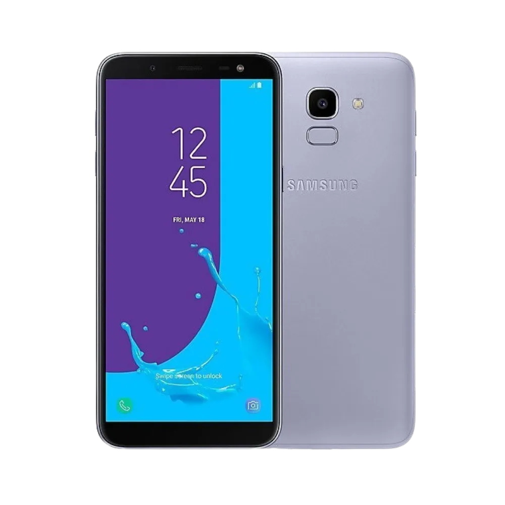 Samsung Galaxy J6 violet, vue avant avec écran lumineux et dos mat équipé d’un capteur photo central avec flash et lecteur d’empreintes, smartphone présenté pour réparation chez iTelier Lyon : remplacement écran, batterie, vitre arrière, diagnostic gratuit et service rapide garanti.