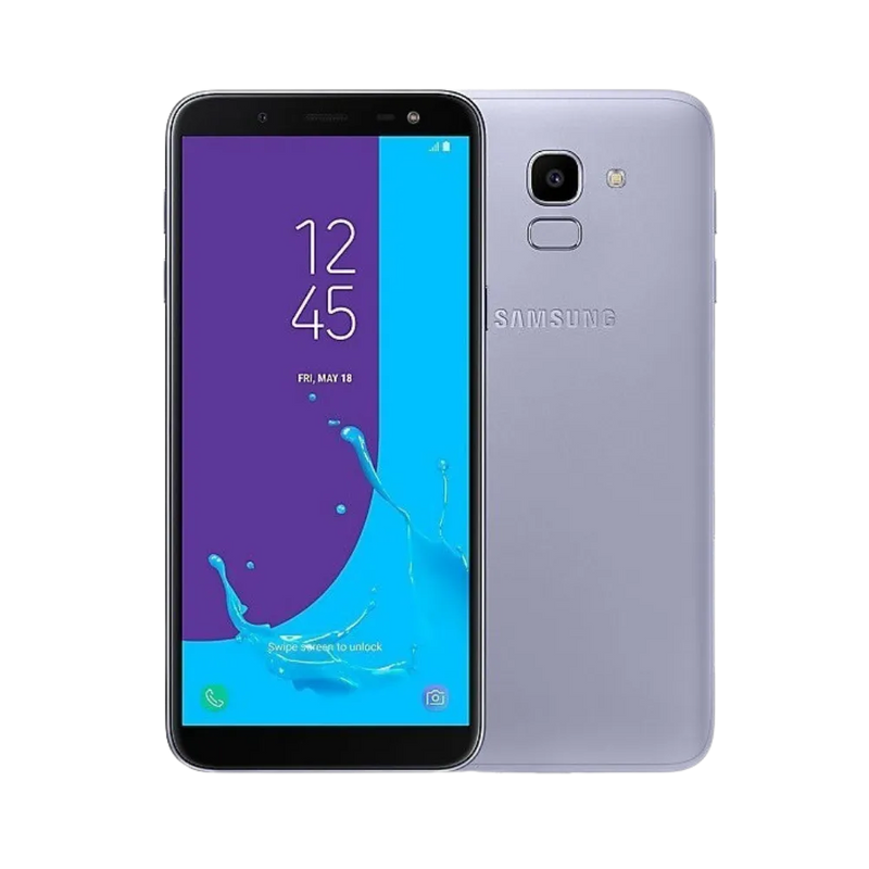 Samsung Galaxy J6 violet, vue avant avec écran lumineux et dos mat équipé d’un capteur photo central avec flash et lecteur d’empreintes, smartphone présenté pour réparation chez iTelier Lyon : remplacement écran, batterie, vitre arrière, diagnostic gratuit et service rapide garanti.