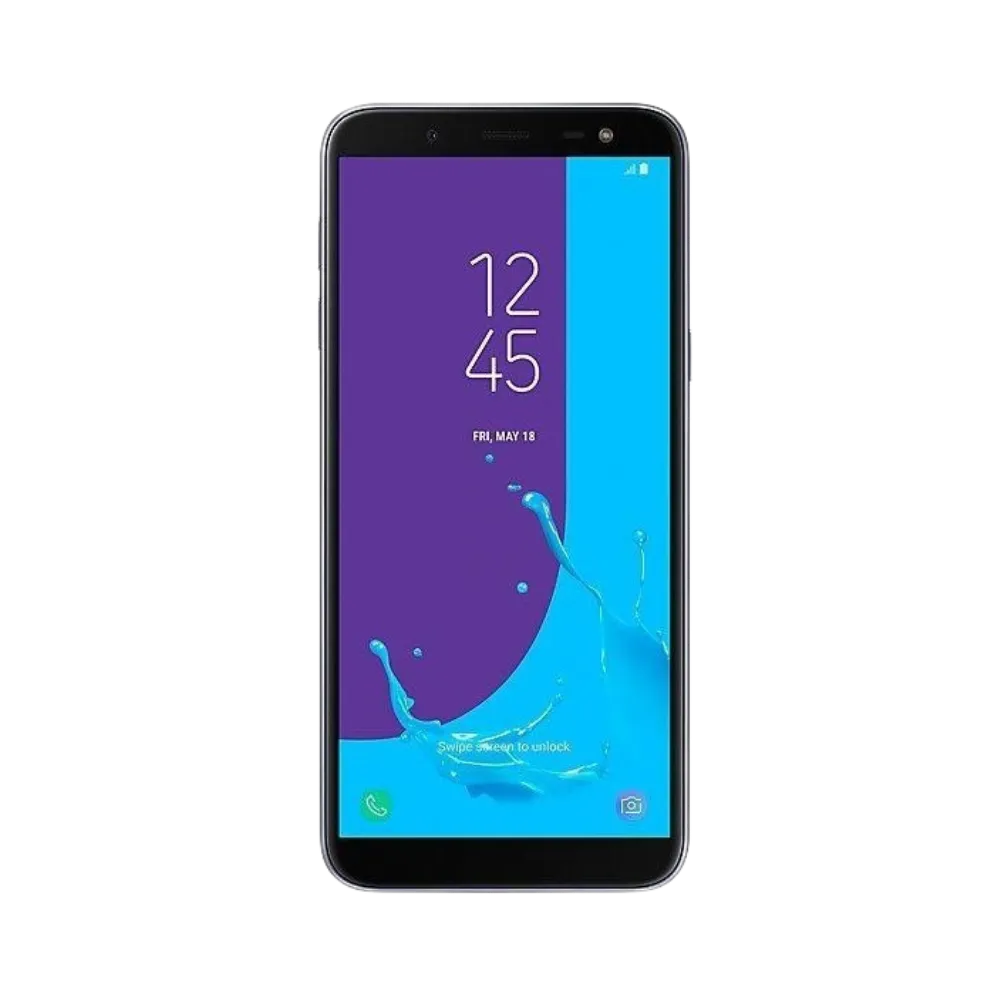 Face avant du Samsung Galaxy J6 violet, écran lumineux affichant l’heure avec fond bleu, modèle destiné à la réparation chez iTelier Lyon : changement écran original, diagnostic offert, réparation express avec pièces certifiées.