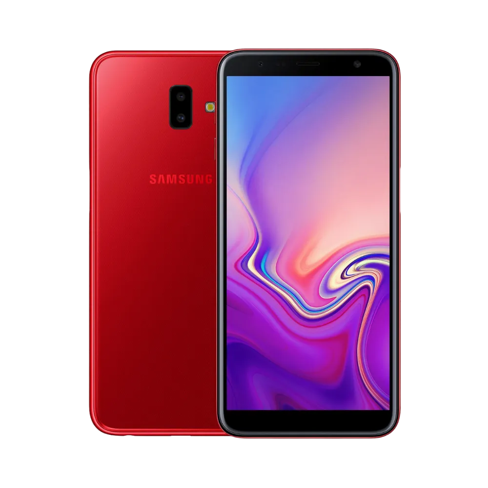 Samsung Galaxy J6 Plus rouge, vue avant avec écran lumineux et dos brillant équipé d’un double capteur photo vertical, smartphone présenté pour réparation chez iTelier Lyon : remplacement écran, batterie, vitre arrière, diagnostic gratuit et service rapide garanti.