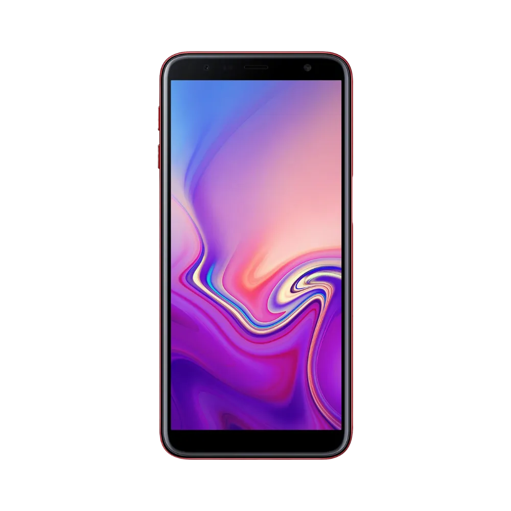 Face avant du Samsung Galaxy J6 Plus rouge, écran lumineux avec fond violet et rose, modèle destiné à la réparation chez iTelier Lyon : changement écran original, diagnostic offert, réparation express avec pièces certifiées.