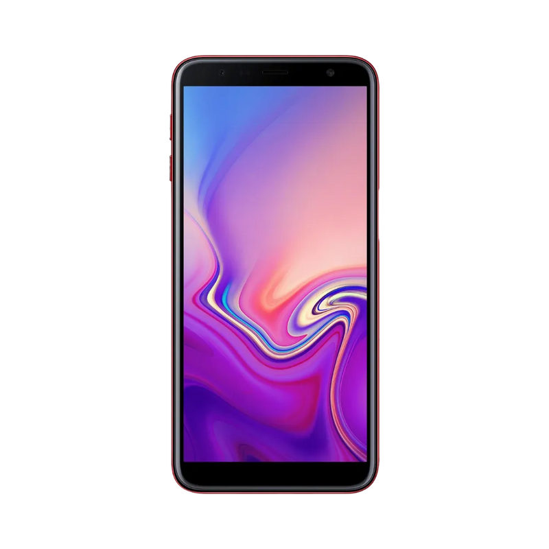 Face avant du Samsung Galaxy J6 Plus rouge, écran lumineux avec fond violet et rose, modèle destiné à la réparation chez iTelier Lyon : changement écran original, diagnostic offert, réparation express avec pièces certifiées.