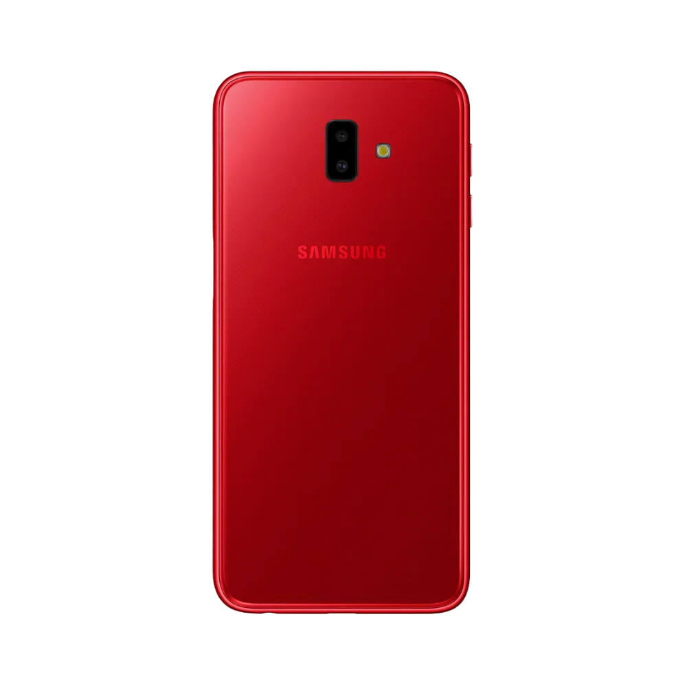 Dos du Samsung Galaxy J6 Plus rouge brillant, module photo vertical à double capteur avec flash, smartphone présenté pour réparation chez iTelier Lyon : remplacement vitre arrière, batterie, diagnostic gratuit et service garanti 1 an.