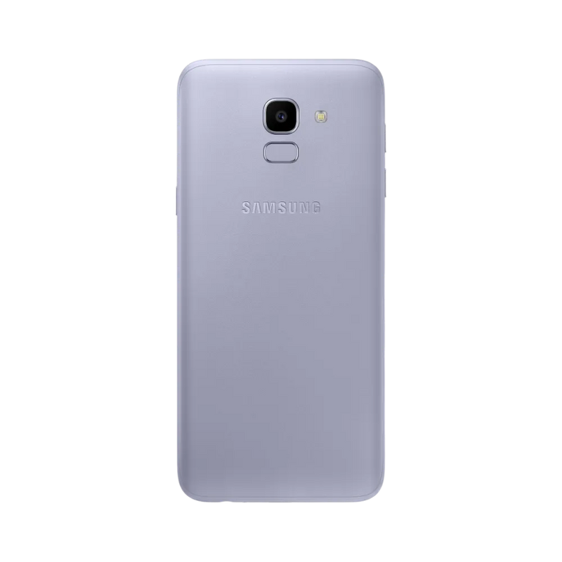 Dos du Samsung Galaxy J6 violet mat, appareil photo central avec flash et capteur d’empreintes, smartphone présenté pour réparation chez iTelier Lyon : remplacement vitre arrière, batterie, diagnostic gratuit et service garanti 1 an.
