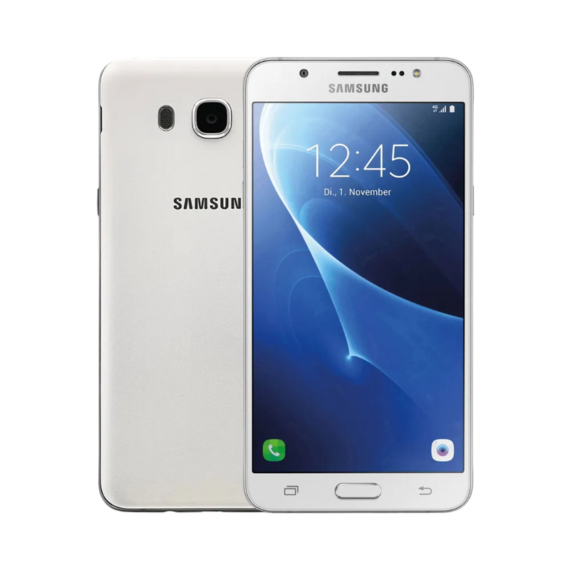 Samsung Galaxy J7 2016 blanc, vue avant avec écran lumineux et dos équipé d’un capteur photo central avec flash, smartphone présenté pour réparation chez iTelier Lyon : remplacement écran, batterie, vitre arrière, diagnostic gratuit et service rapide garanti.