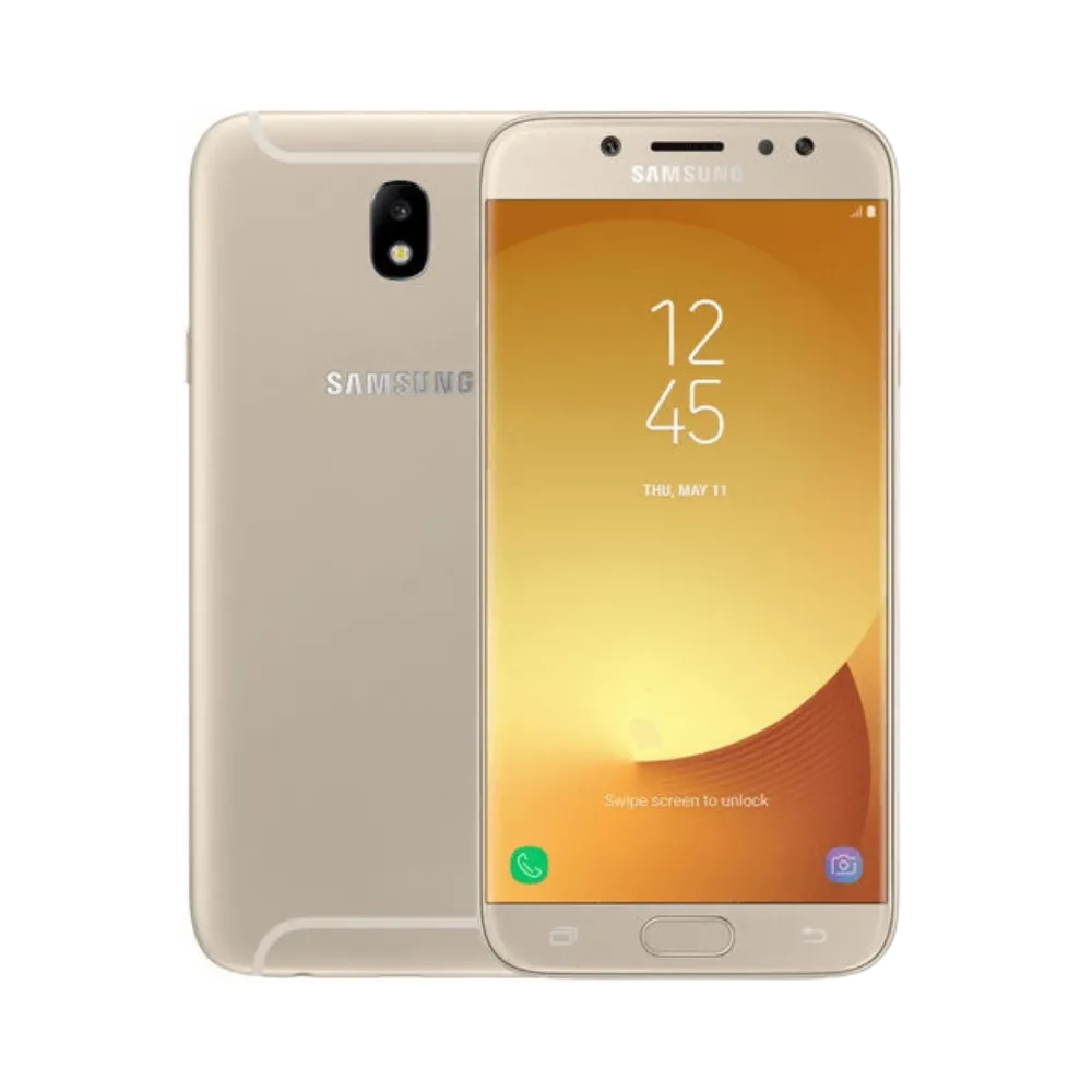 Samsung Galaxy J7 2017 or, vue avant avec écran lumineux et dos métallique équipé d’un capteur photo central avec flash, smartphone présenté pour réparation chez iTelier Lyon : remplacement écran, batterie, vitre arrière, diagnostic gratuit et service rapide garanti.