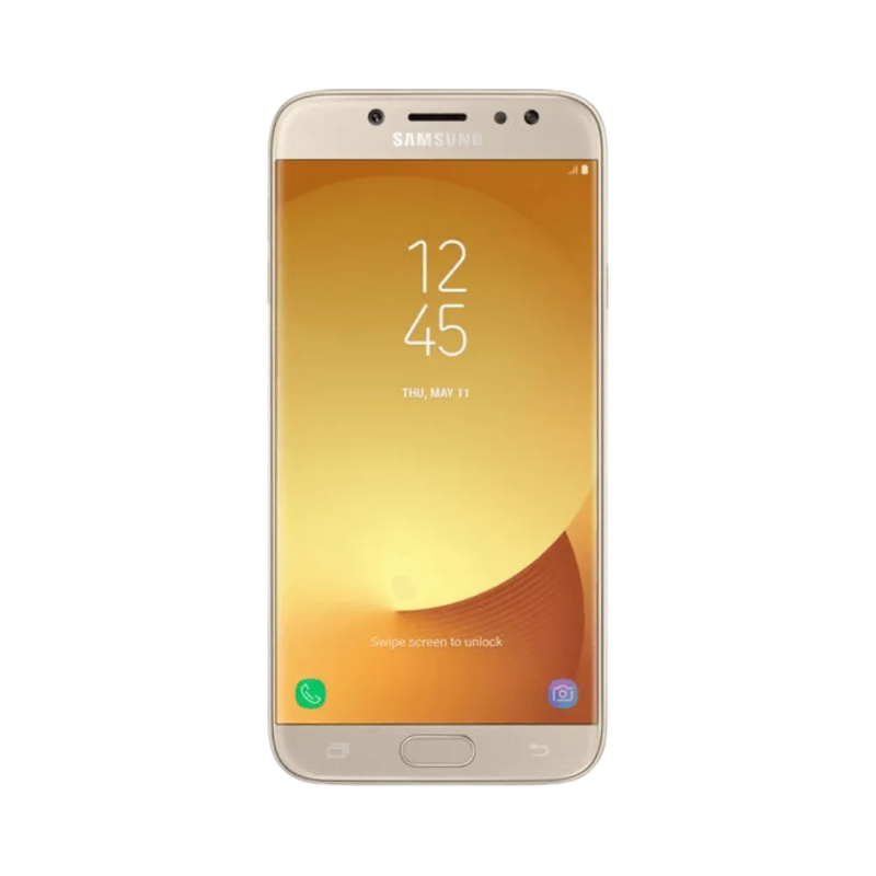 Face avant du Samsung Galaxy J7 2017 or, écran lumineux affichant l’heure et design avec bouton central physique, modèle destiné à la réparation chez iTelier Lyon : changement écran original, diagnostic offert, réparation express avec pièces certifiées.