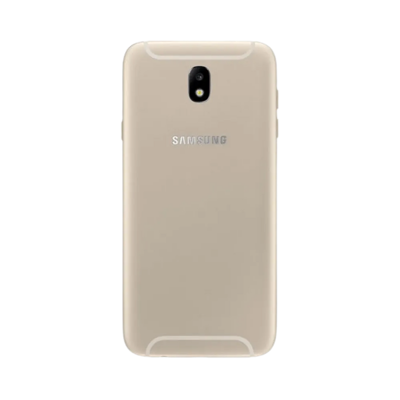 Dos du Samsung Galaxy J7 2017 or métallique, appareil photo central avec flash horizontal, smartphone présenté pour réparation chez iTelier Lyon : remplacement vitre arrière, batterie, diagnostic gratuit et service garanti 1 an.