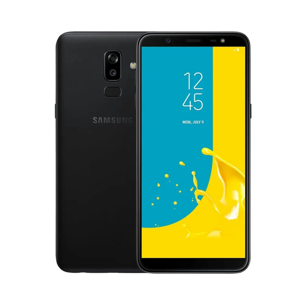 Samsung Galaxy J8 noir, vue avant avec écran lumineux et dos mat équipé d’un double capteur photo vertical avec lecteur d’empreintes, smartphone présenté pour réparation chez iTelier Lyon : remplacement écran, batterie, vitre arrière, diagnostic gratuit et service rapide garanti.
