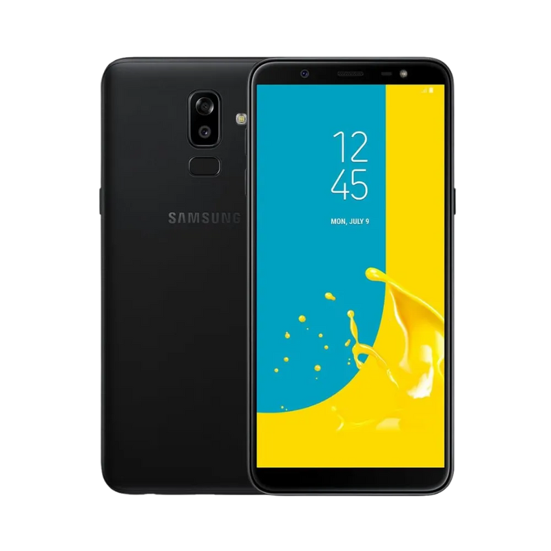 Samsung Galaxy J8 noir, vue avant avec écran lumineux et dos mat équipé d’un double capteur photo vertical avec lecteur d’empreintes, smartphone présenté pour réparation chez iTelier Lyon : remplacement écran, batterie, vitre arrière, diagnostic gratuit et service rapide garanti.