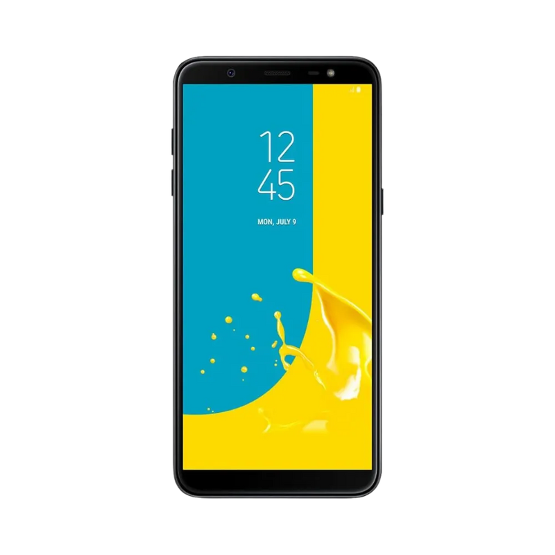 Face avant du Samsung Galaxy J8 noir, écran lumineux avec fond jaune et bleu, modèle destiné à la réparation chez iTelier Lyon : changement écran original, diagnostic offert, réparation express avec pièces certifiées.