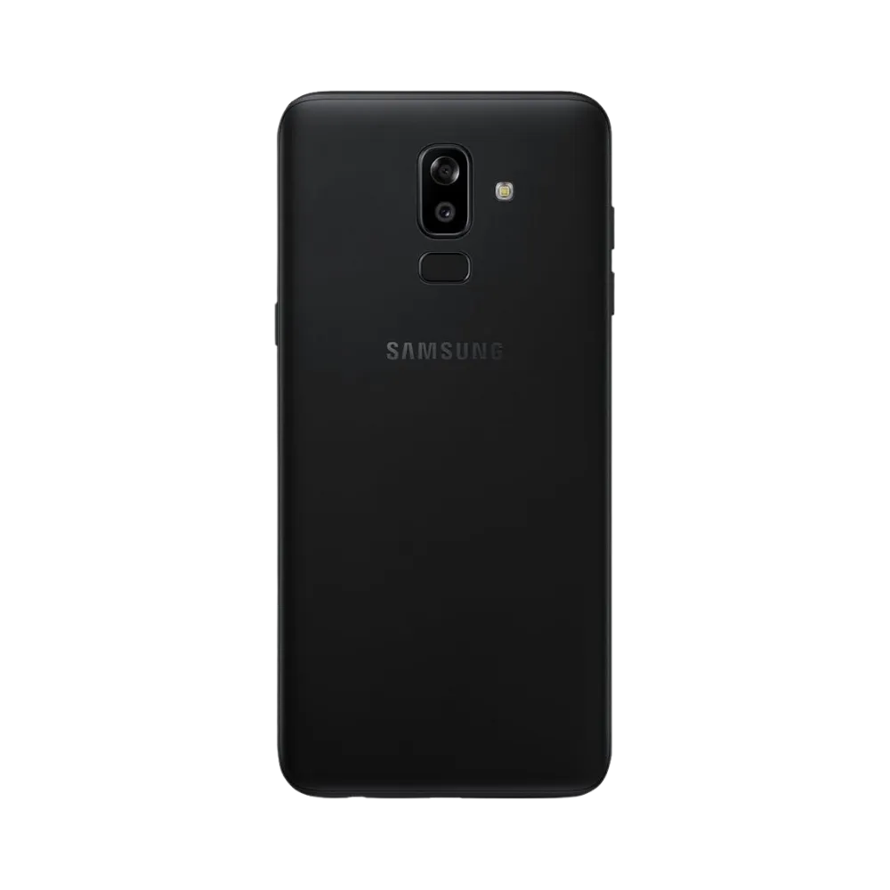 Dos du Samsung Galaxy J8 noir mat, double caméra verticale avec flash et lecteur d’empreintes, smartphone présenté pour réparation chez iTelier Lyon : remplacement vitre arrière, batterie, diagnostic gratuit et service express garanti.