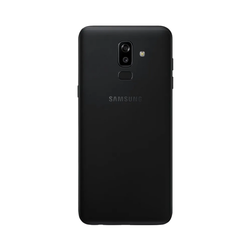 Dos du Samsung Galaxy J8 noir mat, double caméra verticale avec flash et lecteur d’empreintes, smartphone présenté pour réparation chez iTelier Lyon : remplacement vitre arrière, batterie, diagnostic gratuit et service express garanti.