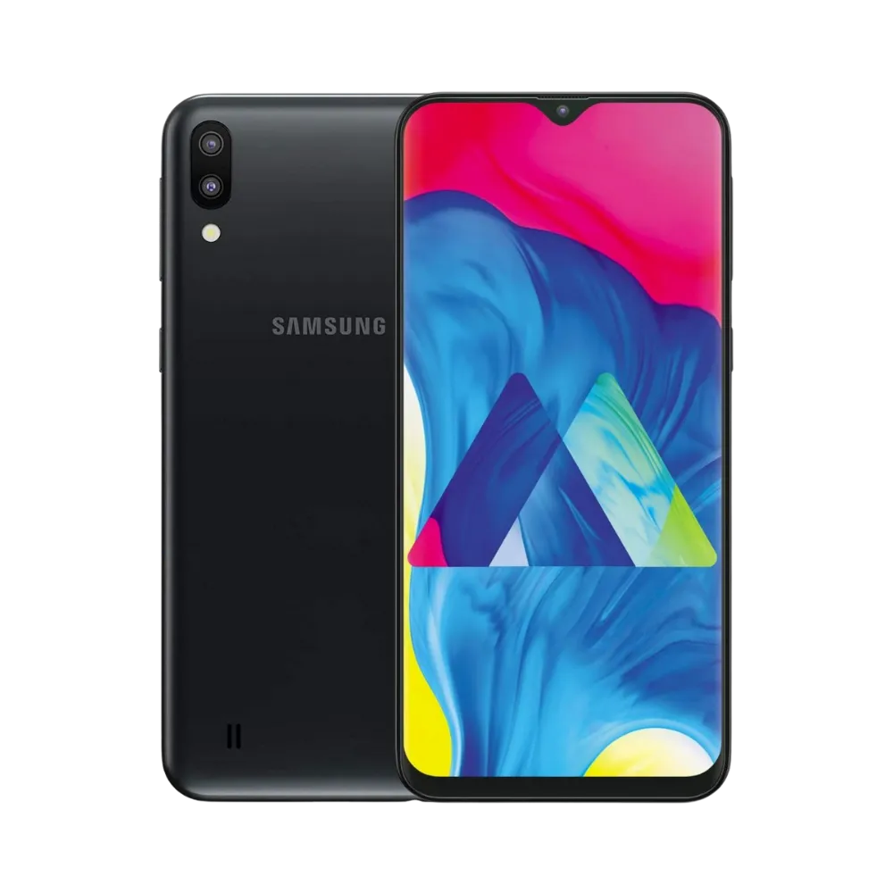 Samsung Galaxy M10 noir, vue avant avec écran lumineux affichant des formes colorées et dos sobre équipé d’un double capteur photo vertical, smartphone présenté pour réparation chez iTelier Lyon : remplacement écran, batterie, vitre arrière, diagnostic gratuit et service rapide.
