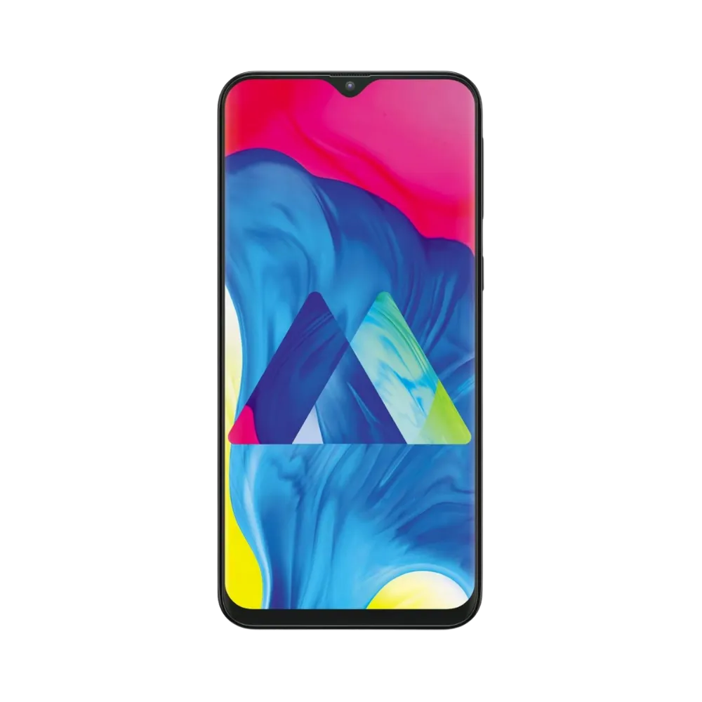 Face avant du Samsung Galaxy M10 noir, écran lumineux avec fond coloré géométrique, modèle destiné à la réparation chez iTelier Lyon : changement écran original, diagnostic offert, réparation express avec pièces garanties.