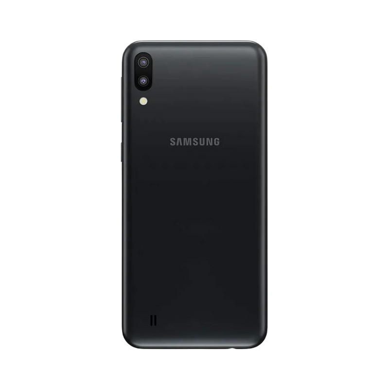 Dos du Samsung Galaxy M10 noir mat, double caméra verticale avec flash intégré, smartphone présenté pour réparation chez iTelier Lyon : remplacement vitre arrière, batterie, diagnostic gratuit et service express garanti.