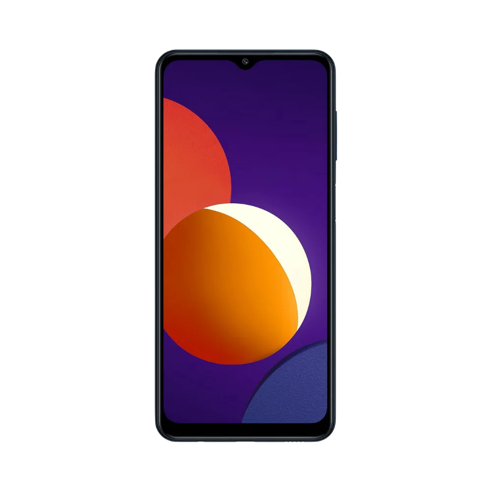 Face avant du Samsung Galaxy M12 bleu, écran lumineux affichant M12 avec fond violet et orange, modèle destiné à la réparation chez iTelier Lyon : changement écran original, diagnostic offert, réparation express avec pièces garanties.
