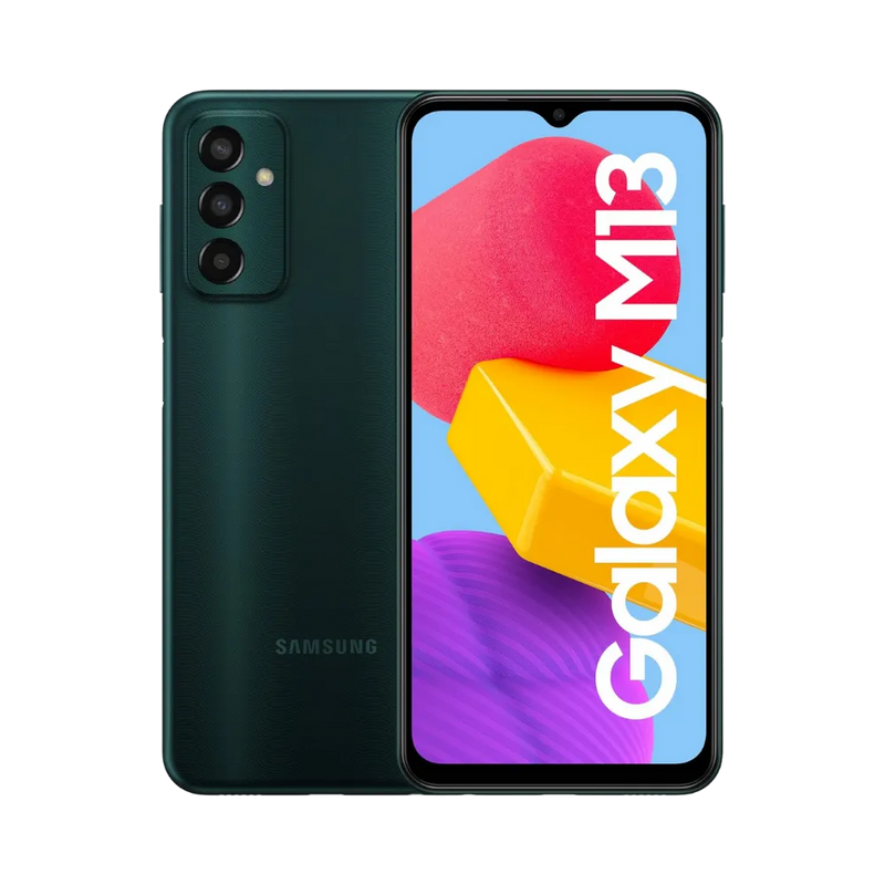 Samsung Galaxy M13 vert, vue avant avec marquage Galaxy M13 et dos mat équipé d’un triple capteur photo vertical, smartphone présenté pour réparation chez iTelier Lyon : remplacement écran, batterie, vitre arrière, diagnostic gratuit et service rapide garanti.