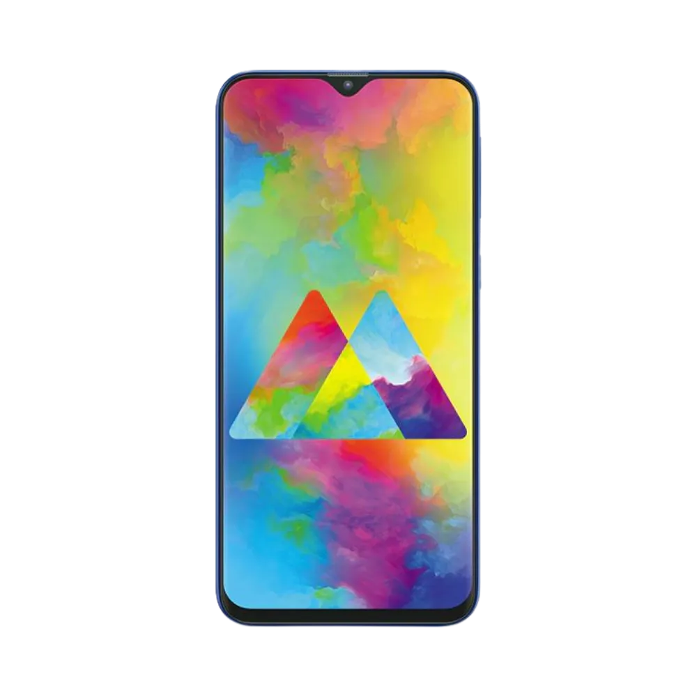 Face avant du Samsung Galaxy M20 bleu, écran lumineux affichant M20 avec fond coloré, modèle destiné à la réparation chez iTelier Lyon : changement écran original, diagnostic offert, réparation express avec pièces certifiées.