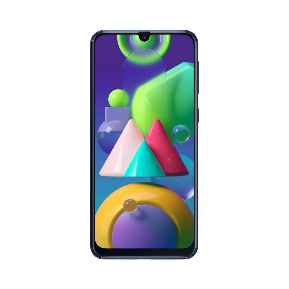 Face avant du Samsung Galaxy M21 bleu, écran lumineux avec fond coloré géométrique, modèle destiné à la réparation chez iTelier Lyon : changement écran original, diagnostic offert, réparation express avec pièces certifiées.